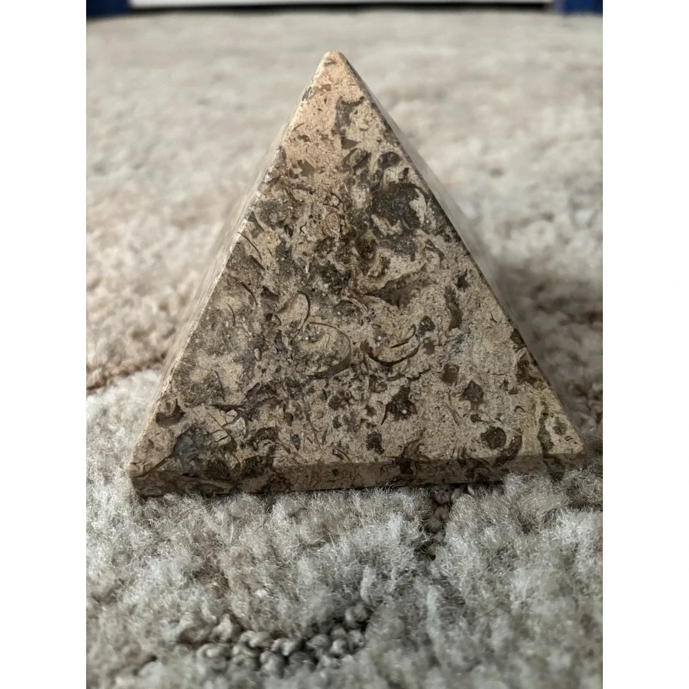 Vintage Fossil Limestone Pyramid Paperweight Orthoceras Ammonite Stone Decor 3